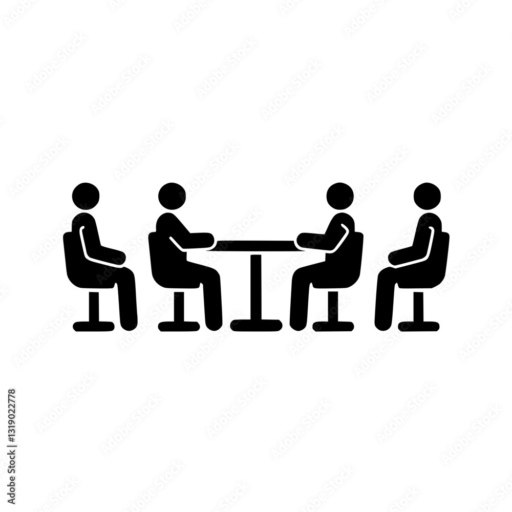 Four figures seated at a table representing a meeting discussion or collaborative work session in a simplified graphic style Four figures seated at a table representing a meeting discussion or collaborative work session in a simplified graphic style