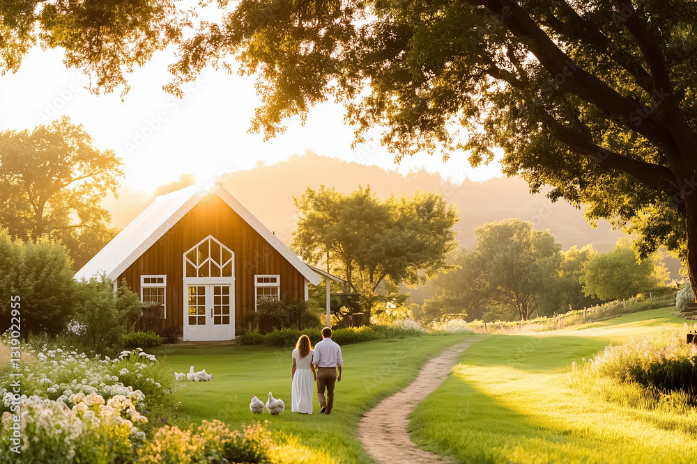 Fototapeta premium Late afternoon sun casts a warm glow over a tranquil farmyard where hens scratch the dirt playfully, complemented by a rustic wooden shed nestled among greenery