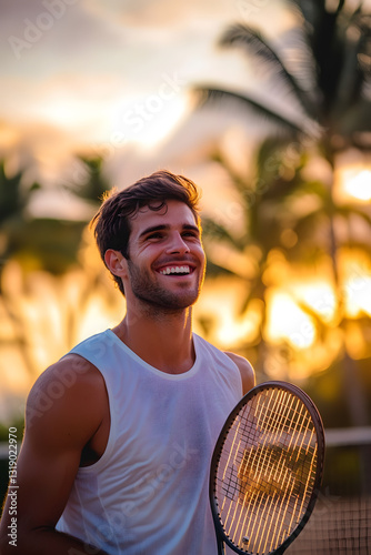 young, athletic male tennis player with a bright smile, enjoying a sunset on a tropical court. fit physique and a relaxed expression, wearing a white tank top and holding a tennis racket. palm trees 