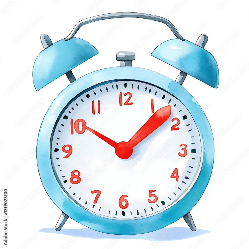 Old Fashioned Alarm Clock Illustration Showing Time Ten Past One in Blue Color Scheme Artwork Old Fashioned Alarm Clock Illustration Showing Time Ten Past One in Blue Color Scheme Artwork