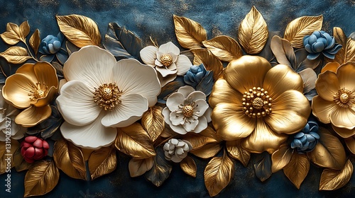 Golden floral embossed 3D relief high resolution hd photo