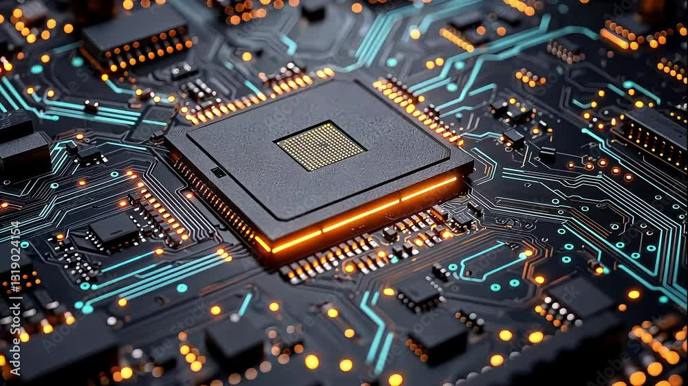 Circuit board with glowing paths and square chip. Close-up, complex design Circuit board with glowing paths and square chip. Close-up, complex design