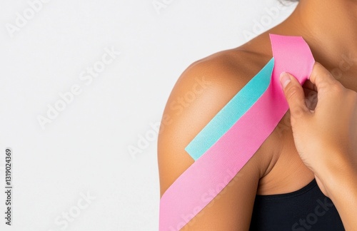Female applying kinesiology tape on shoulder for pain relief and support.
