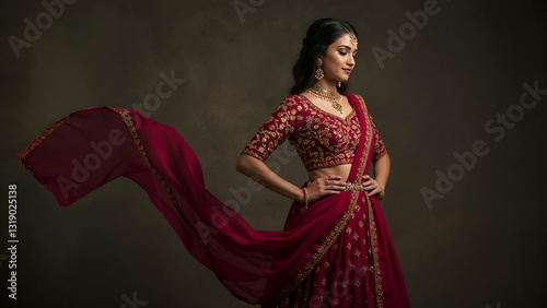 A captivating image of a young woman elegantly poised in a stunning maroon lehenga choli, a traditional Indian garment.