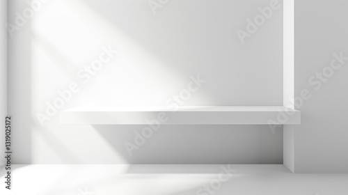 White table mock up background. White table sunlight and shadows with white walls. Empty table copy space geometrical form