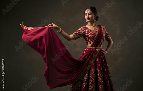 A captivating image of a young woman elegantly poised in a stunning maroon lehenga choli, a traditional Indian garment.