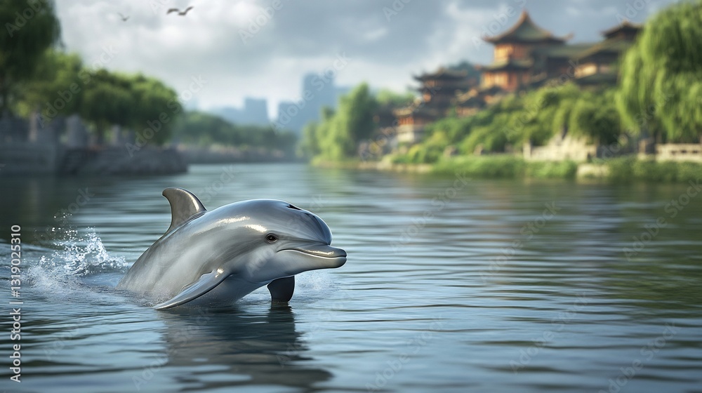 Obraz premium Graceful Yangtze River Dolphin Lipotes vexillifer extinct gliding through a calm river surrounded by lush green banks and traditional Chinese landscapes
