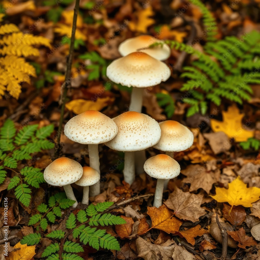 Edulis mushrooms growing among the undergrowth on a forest floor covered in autumn leaves and ferns, fall, fungi Edulis mushrooms growing among the undergrowth on a forest floor covered in autumn leaves and ferns, fall, fungi
