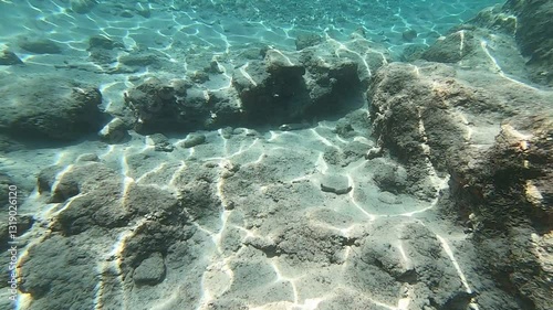 Underwater scene. Group of fish, sun rays and rocks in Fethiye, Mugla, Turkey.
