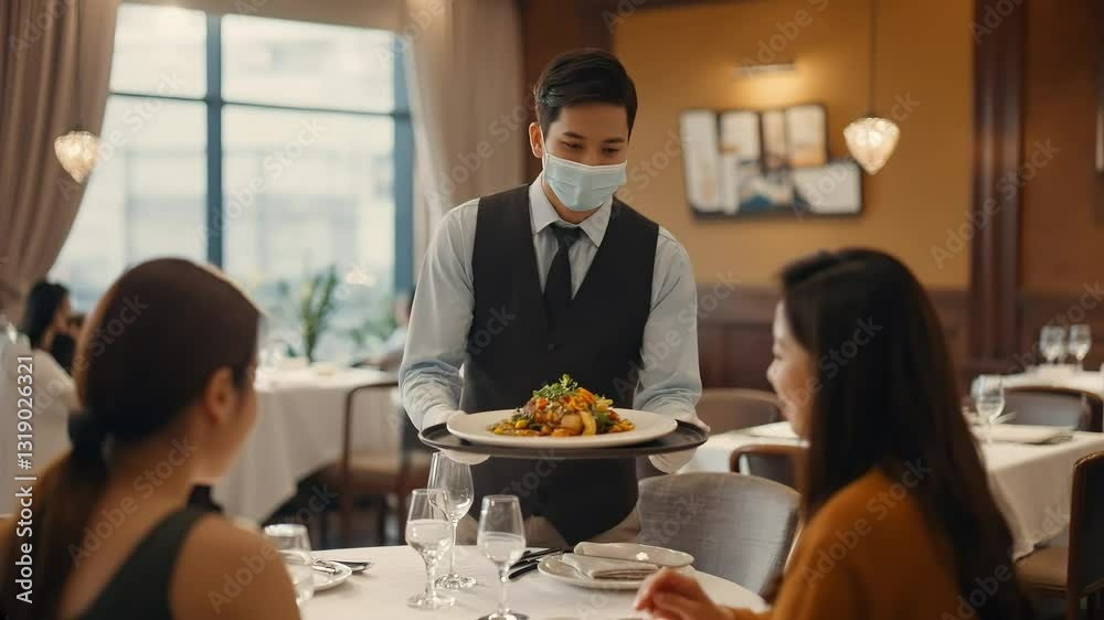 Waiter Serving Delicious Meal to Diners in Elegant Restaurant Setting Waiter Serving Delicious Meal to Diners in Elegant Restaurant Setting