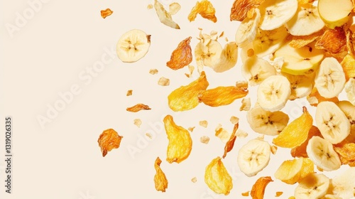 Mixed Dried Banana Apple Pineapple Chips Falling in Dynamic Motion on Neutral Beige Background
