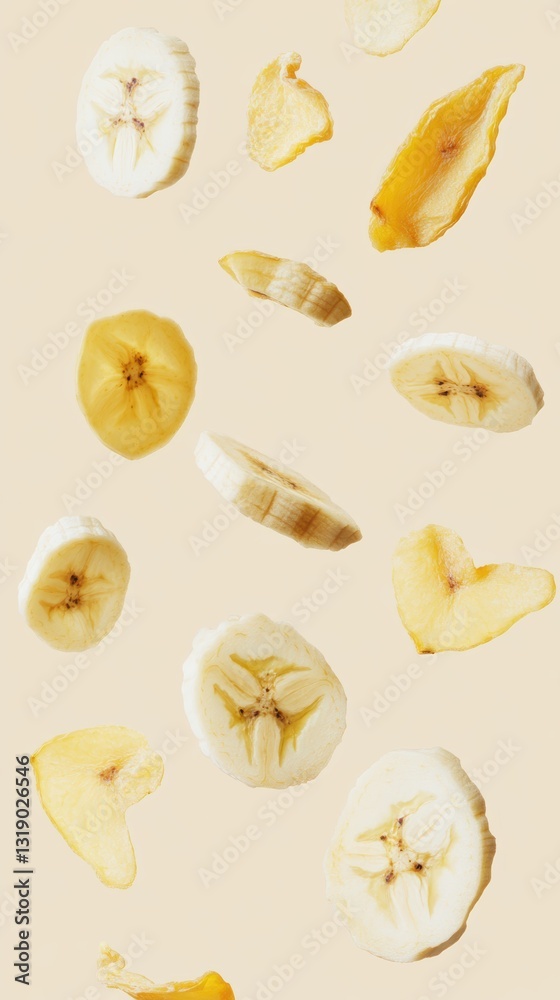 Mixed Dried Banana Apple Pineapple Chips Falling in Dynamic Motion on Neutral Beige Background Mixed Dried Banana Apple Pineapple Chips Falling in Dynamic Motion on Neutral Beige Background
