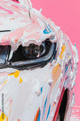 Close up car in paint on a pink background