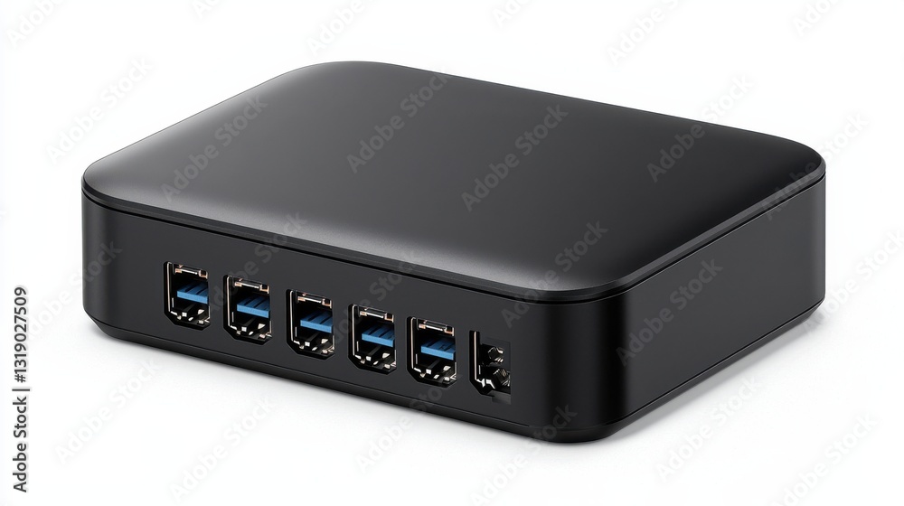 Black Rectangular USB Hub with Multiple Blue Ports on White Background Black Rectangular USB Hub with Multiple Blue Ports on White Background