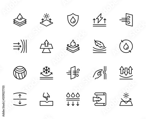 Fabric properties related vector linear icons set. Contains such icons as fabric, sun protection, anti-static, strength and more.