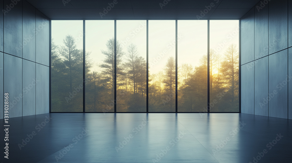 Fototapeta premium Modernist Concrete Hall with Illuminated Windows, Symbolizing Simplicity and Clean Minimalist Architecture