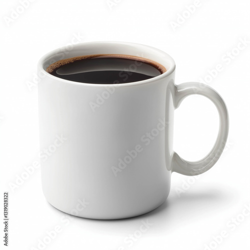 white coffee cup filled with black coffee on plain background