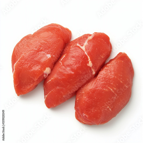 Fresh chicken meat pieces on white background, ideal for cooking
