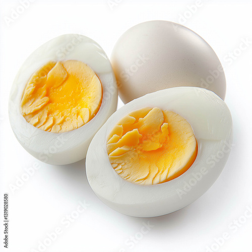 Soft boiled eggs cut in half on white background, showcasing yolk