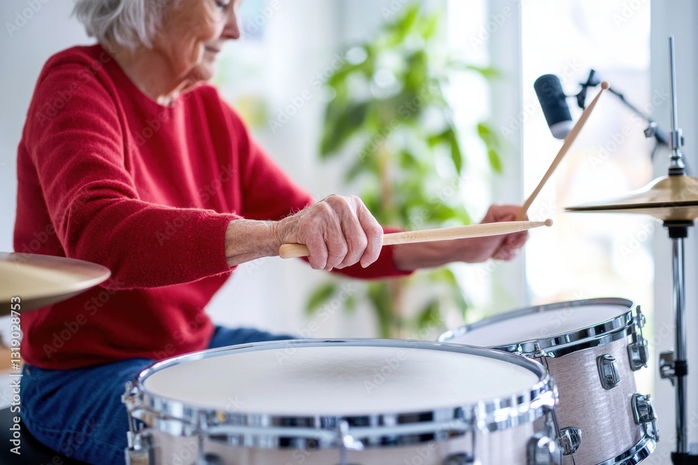 Elderly caucasian woman playing drums at home in a red sweater. Elderly caucasian woman playing drums at home in a red sweater.