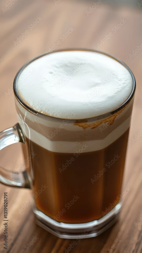 Creamy white foam and steamed milk on top of a cup filled with dark liquid, brown color, foam, breakfast Creamy white foam and steamed milk on top of a cup filled with dark liquid, brown color, foam, breakfast