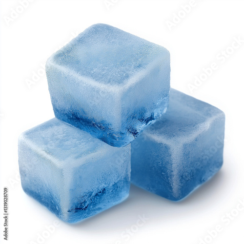 Fresh blue ice cubes stacked on white background, perfect for drinks
