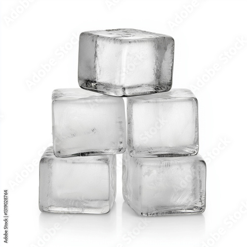 Ice cubes stacked on white background, perfect for cooling drinks