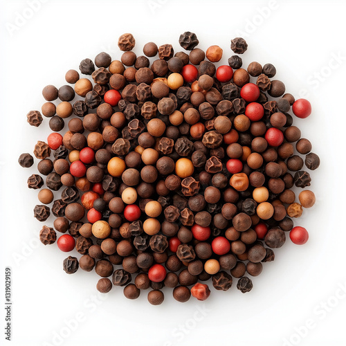 Peppercorns in various shades create rich, textured display on white