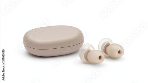 Beige Earplugs and Charging Case on White Background