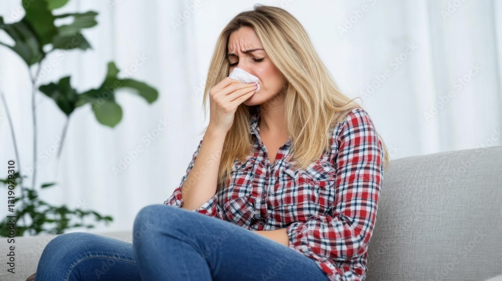 Young caucasian female sneezing on couch in plaid shirt. Young caucasian female sneezing on couch in plaid shirt.