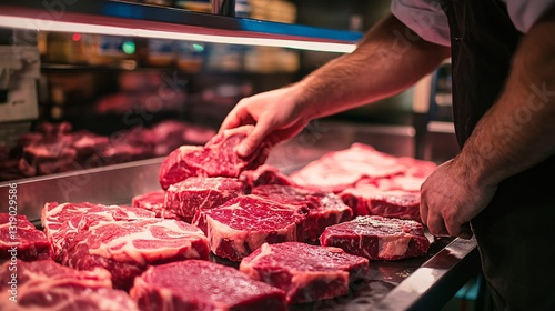 Professional Selection of Marbled Steak Cuts by Man at Neatly Arranged Counter