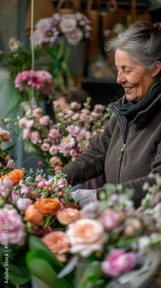 Fototapeta premium Flower shop owner arranging colorful blooms in a vibrant city market during early morning hours