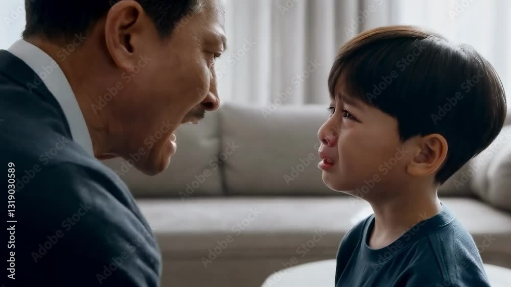 Angry father verbally attacking son, revealing deep rooted communication breakdown and emotional tension within dysfunctional family dynamic Angry father verbally attacking son, revealing deep rooted communication breakdown and emotional tension within dysfunctional family dynamic