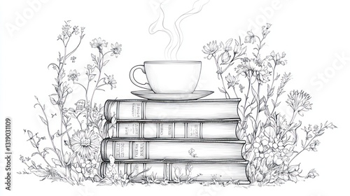 Steaming teacup on books amidst wildflowers; peaceful reading scene