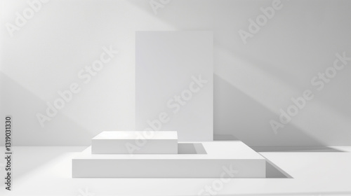 geometrical forms white background. White elements design copy space with empty illuminated room template table stage podium. White color product background placement