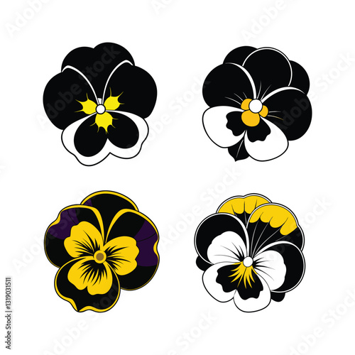 Set of black pansy flower vector illustration.