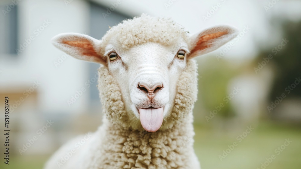 Fototapeta premium Curious sheep with fluffy white wool, standing in a grassy field, highlighting rural charm and serene countryside vibes.