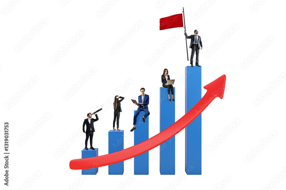 Businesspeople on blue bar chart with red upward arrow, symbolizing growth and success, on white background. Concept of teamwork and progress Businesspeople on blue bar chart with red upward arrow, symbolizing growth and success, on white background. Concept of teamwork and progress