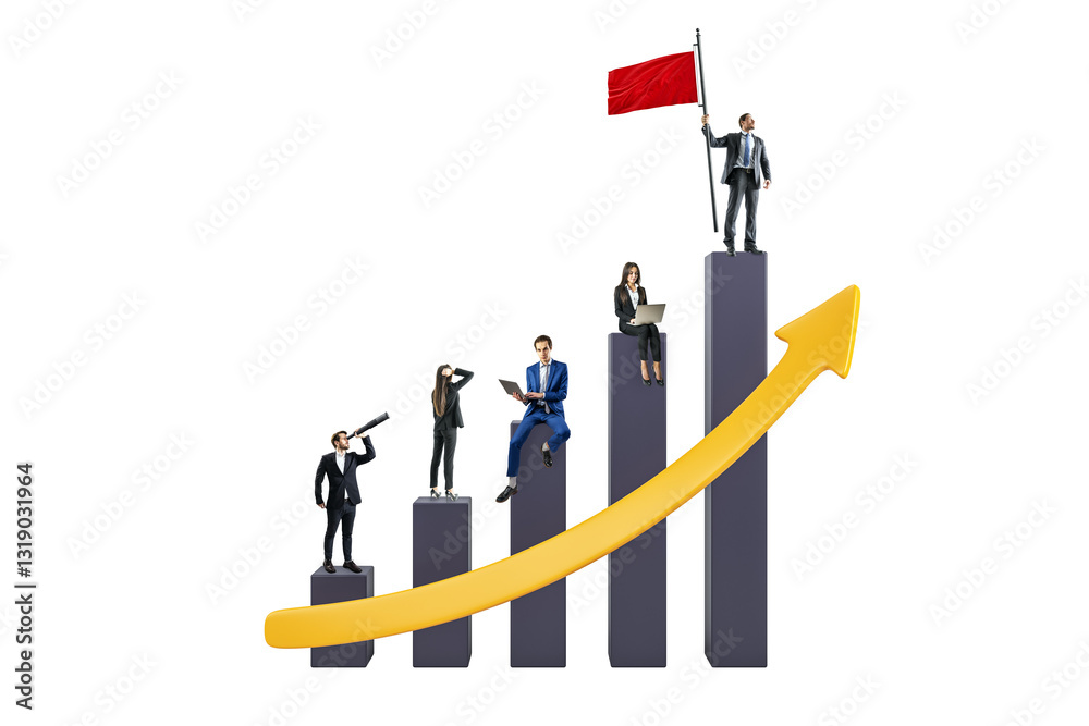 Businesspeople on ascending bars with an upward arrow, symbolizing teamwork, success, and growth on a white background Businesspeople on ascending bars with an upward arrow, symbolizing teamwork, success, and growth on a white background