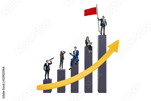 Businesspeople on ascending bars with an upward arrow, symbolizing teamwork, success, and growth on a white background
