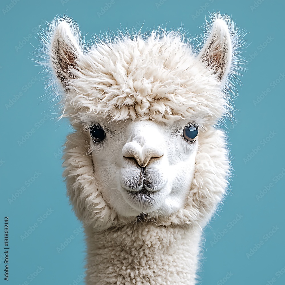 Obraz premium Fluffy White Alpaca Portrait Cute Animal Face Farm Animal
