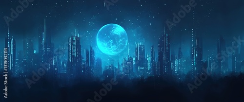 Abstract blue glowing cityscape with digital grid and futuristic buildings, high-tech vector banner for tech branding or cybersecurity presentations. Neon cyberpunk aesthetics with dark blue gradients