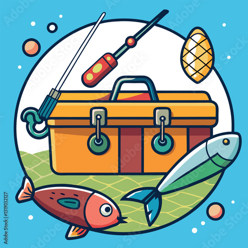 Retro fishing gear gleams a vintage tackle box.