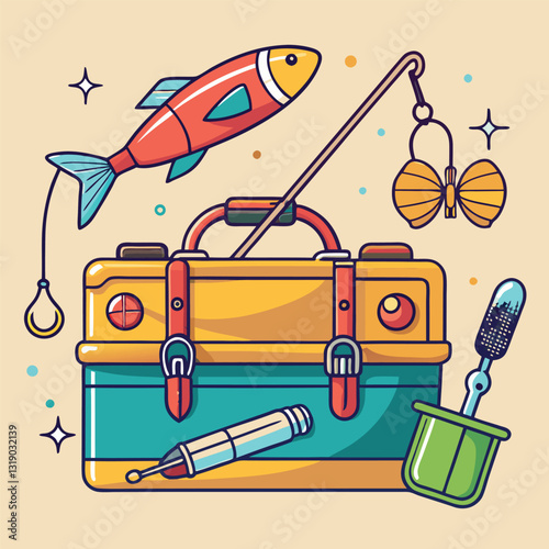 Retro fishing gear gleams a vintage tackle box.