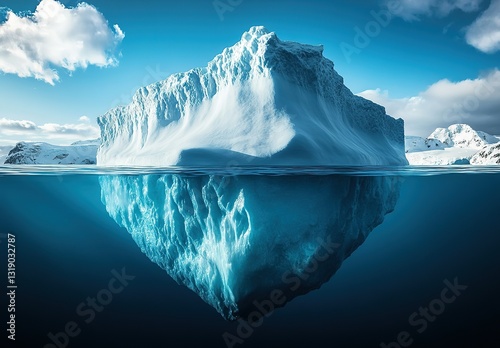 Iceberg with visible underwater structure under blue sky, climate change concept art depicting melting glaciers and environmental crisis. High-resolution detailed illustration for educational material