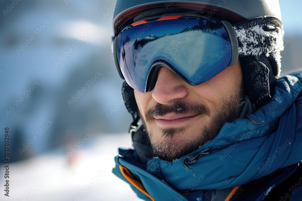 Portrait of man in ski goggles with the reflection of snowed mountains. Winter sports Portrait of man in ski goggles with the reflection of snowed mountains. Winter sports