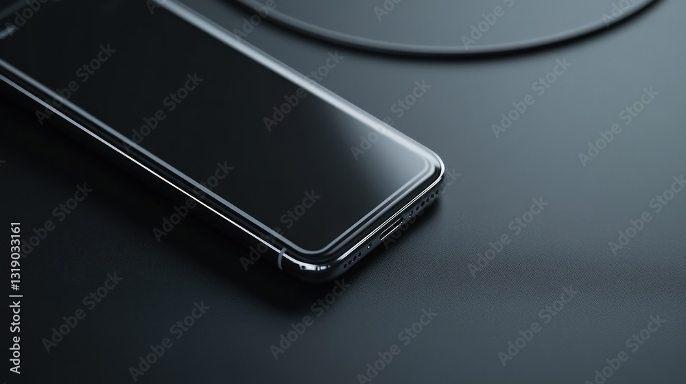 Sleek phone on dark surface, wireless charging, minimal background, tech product shot Sleek phone on dark surface, wireless charging, minimal background, tech product shot