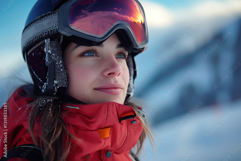Portrait of woman in ski goggles with the reflection of snowed mountains. Winter sports Portrait of woman in ski goggles with the reflection of snowed mountains. Winter sports