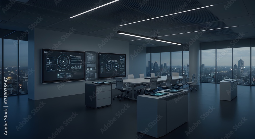 High-tech boardroom features interactive screens conference table and a panoramic city view at twilight. High-tech boardroom features interactive screens conference table and a panoramic city view at twilight.