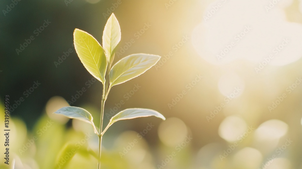 Fototapeta premium Green sprout emerging in sunlight, fresh plant growth against a softly lit natural background, symbolizing renewal and hope.